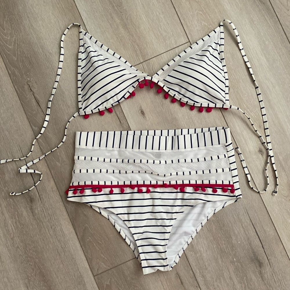 XL (12) Magenta White and Blue Striped Bikini Pom Poms Great Coverage Super Cute